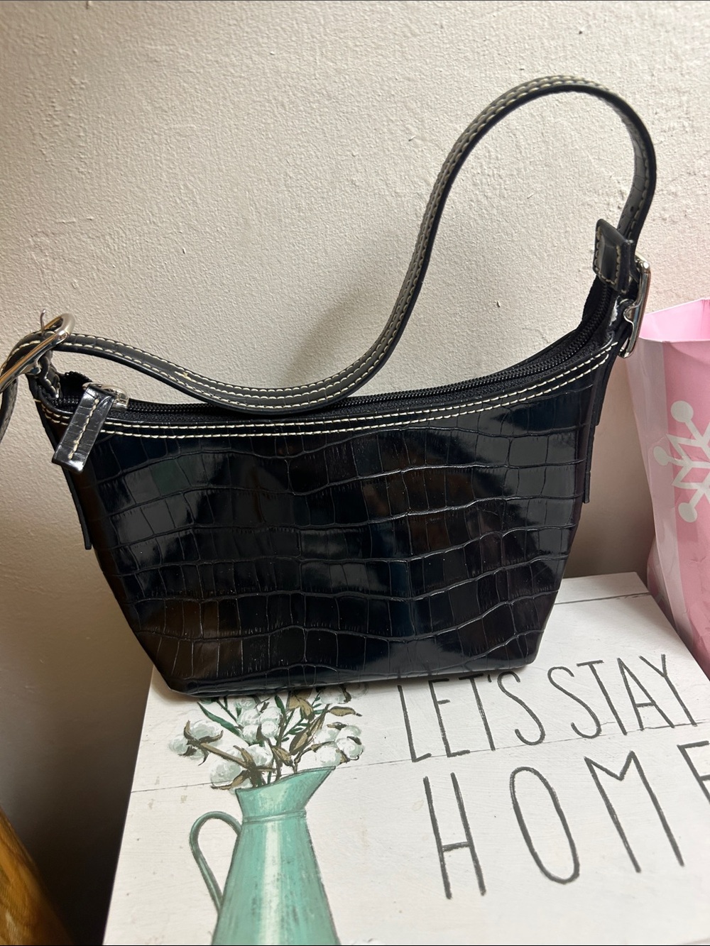 Liz Claiborne classic Black Croc-Embossed handbag.